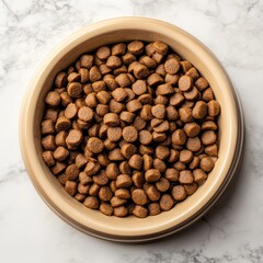Fototapeta premium Dog food kibble in a bowl. A full bowl of small, light brown, dog food kibble. Healthy, nutritious, and convenient