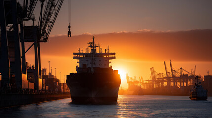 Fototapeta premium Shipyard at Sunrise: A Hub of Logistics and Efficiency in Action