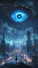 Obraz premium A glowing eye in the sky watching over a city at night