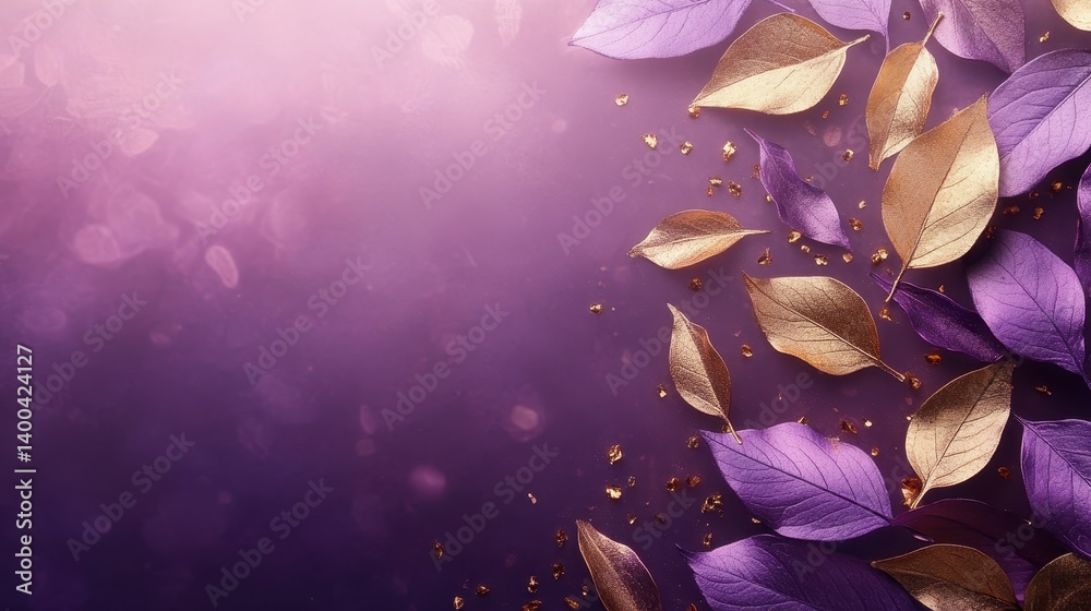 Poster decorative arrangement of purple and gold leaves on a textured dark background creates an elegant an