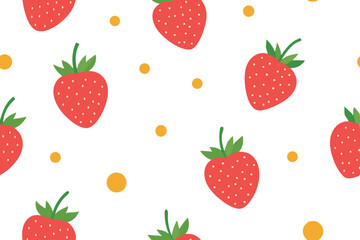 Seamless Pattern of Stylized Red Strawberries and Yellow Dots on White Background