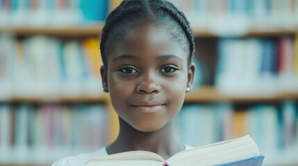 A young girl stands with a book in hand, deeply engaged in studying amidst the lively atmosphere of a library filled with other students and bookshelves