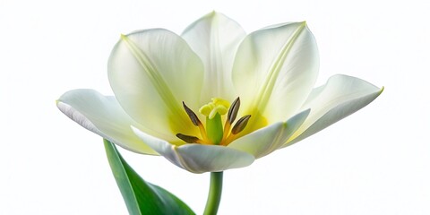 Naklejka premium Macro Photo of Purissima Fosteriana Tulip, White Flower with Green Leaves Isolated on White