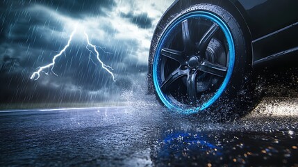 Close-up view of a car tire splashing through water during a fierce thunderstorm with lightning illuminating the sky