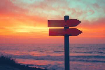 Wooden Directional Sign Posts Showing Two Paths During Sunset