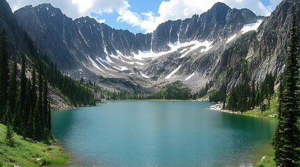 Fototapeta premium A peaceful mountain lake surrounded by tall pine trees and majestic snow-covered mountain peaks.