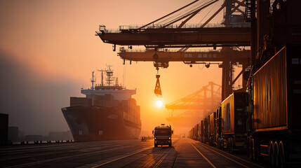 Shipyard at Sunrise with Cargo Ship and Crane