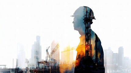 Double Exposure Silhouette of Worker Against Urban Cityscape