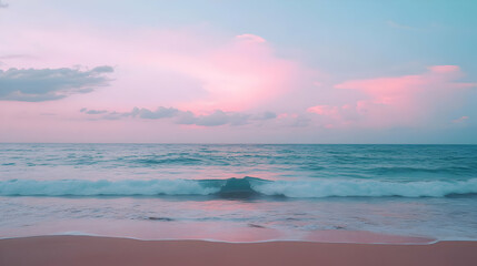 Fototapeta premium Calm Beach with Pink Sunset Sky over the Turquoise Sea Ocean Water Sand and Horizon View with a Subtle Artistic Touch