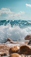 Close up of waves crashing on the shore with rocks and blue sky in the background.