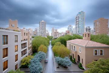 A rooftop view of a dense city neighborhood with different architectural styles