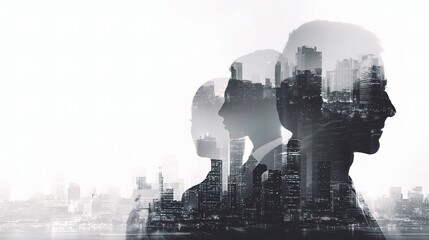 Double Exposure of HR Recruitment Structure with City Silhouette