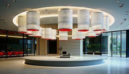 a modern office lobby features a circular reception desk illuminated by a cluster of cylindrical perforated lamps with red accents beneath a glowing circular ceiling fixture.