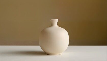 a softly lit, rounded ceramic vase stands on a pale surface against a warm, muted ochre background.