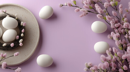This elegant pastel lilac Easter design showcases egg wreaths forming circular accents on each side. The middle is left clean, offering ideal space for marketing materials, greetings, or personal mess