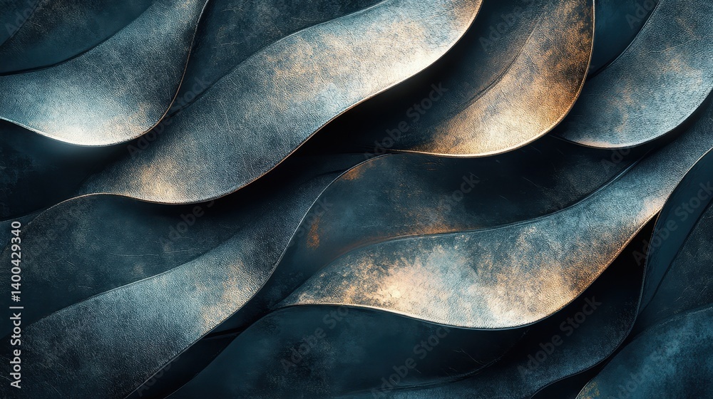 Aufkleber Stylized metallic waves create a dynamic texture with shadows and highlights in a dark atmospheric setting showcasing artistic design