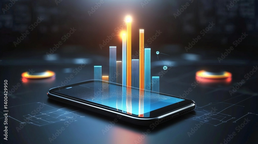 Poster creative smartphone display showcasing ai technology and data visualization in a futuristic setting