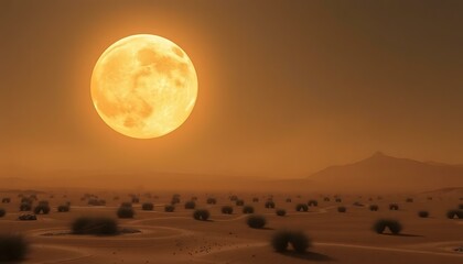 Martian Sunset: Giant Orange Moon Over Alien Desert Landscape