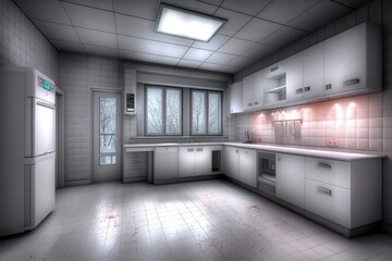 Creepy kitchen with old utensils and mysterious blood stains