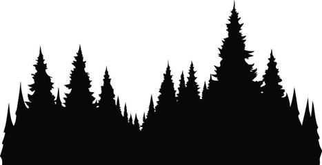 Silhouette of Pine Trees Forest Vector, Evergreen Conifers with Transparent Background