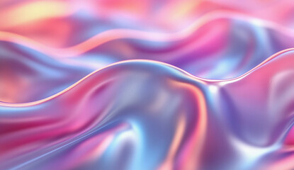 Abstract 3D holographic background with colorful flowing waves in pink and blue hues, creating a soft and vibrant effect