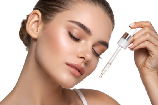 Beautiful woman holding pipette ready to apply on her face on transparent background  - Powered by Adobe