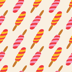 Colorful Spiral Popsicle Seamless Pattern Vector Illustration. Spiral popsicles with red, pink, and yellow swirls on wooden sticks. Ideal for summer themes, backgrounds, and textiles
