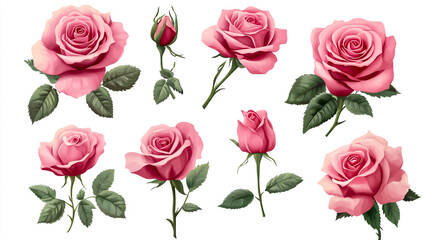 Pink roses with green leaves, isolated on a white background