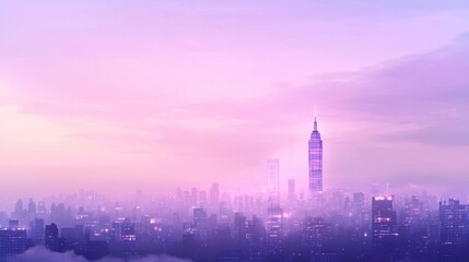 Fototapeta premium Purple city skyline at dawn, hazy cityscape with tall skyscraper.