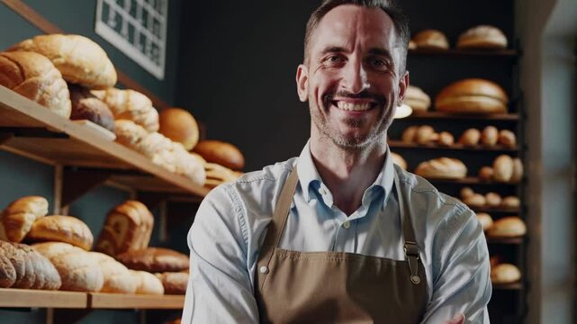 Mid-shot video of a smiling baker in an apron, standing confidently in a rustic bakery with shelves of fresh bread, natural lighting.