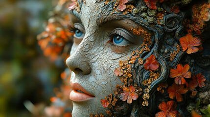 Beautiful artistic portrayal of nature expressed through a woman's face adorned with blooming flowers and intricate details