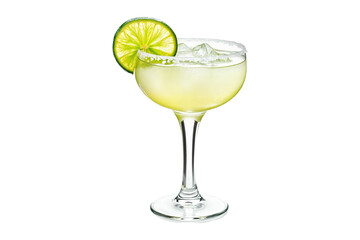Classic margarita cocktail with lime slice and salted rim in elegant glass isolated on transparent background