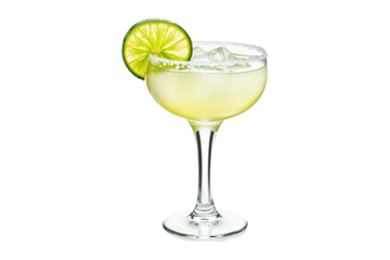 Classic margarita cocktail with lime slice and salted rim in elegant glass isolated on transparent background