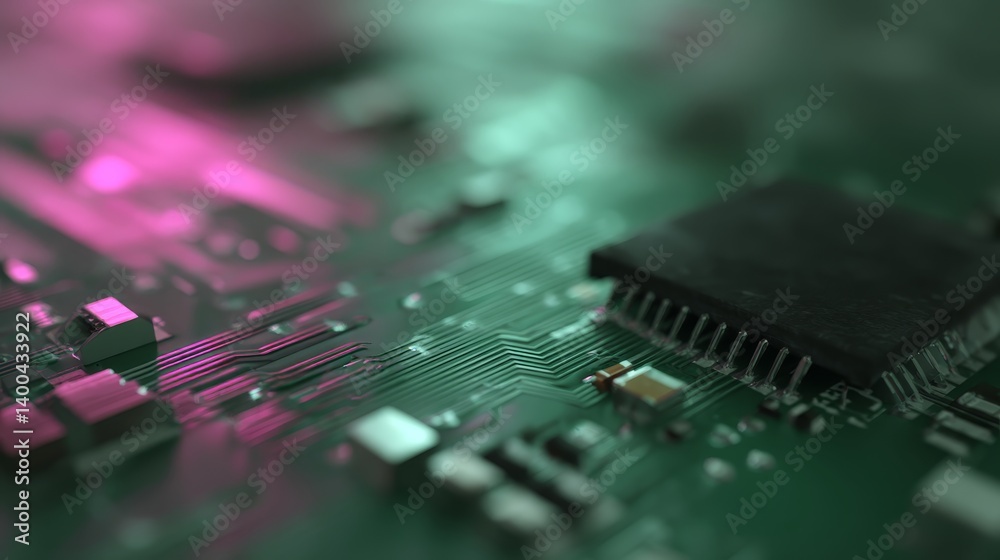 Poster Glowing microchips illuminate with vibrant colors as digital data streams flow across their surfaces, creating a futuristic atmosphere with shallow depth of field