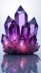 A cluster of faceted amethyst crystals with a glowing inner light, reflective surfaces, luxury design accents