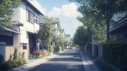 Obraz premium A peaceful residential street lined with traditional japanese homes.