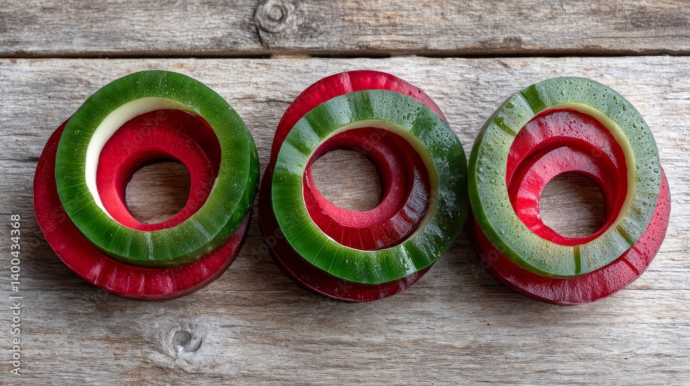 Aufkleber Sliced green and red apples are artfully arranged in a circular pattern on a rustic wooden surface, glistening with dew, highlighting their fresh appeal