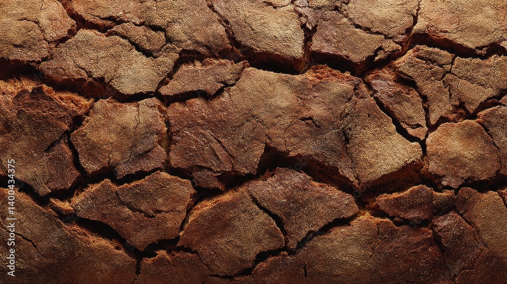 Poster artisanal bread crust is displayed from a top-down perspective, showcasing deep cracks and rich text