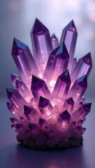 A cluster of faceted amethyst crystals with a glowing inner light, reflective surfaces, luxury design accents