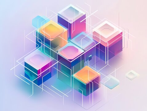 Fototapeta Translucent cubes in pastel hues (blue, pink, yellow, orange) are arranged isometrically and connected by fine white lines, suggesting a light, modern data network.