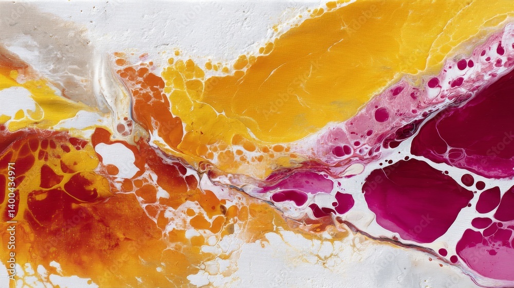 Poster A vibrant blend of tangerine and fuchsia hues forms organic cellular patterns through fluid acrylic pour techniques on a textured canvas background