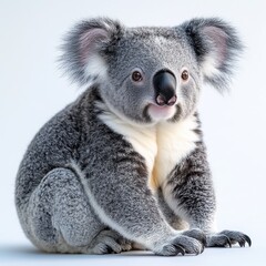 Naklejka premium Adorable koala, sitting calmly against a plain background. A young, fluffy, gray and white marsupial, with large ears and a soft expression