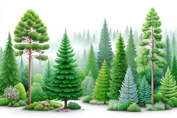 Obraz premium Watercolor painting of peaceful pine forest in early morning fog
