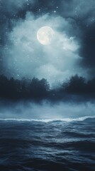 Full moon shines brightly over the ocean, illuminating the dark night with its glow