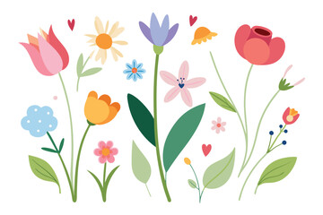 Springtime Colorful Flat Flower Garden Design Elements Isolated on White Background