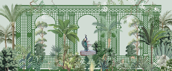 Decorative Wall Mural Design, Lattice Wall Design, Garden Wall Mural Design, Peacock, Tropical Plants. © Sharif