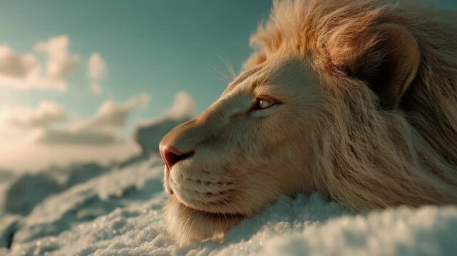 A Peaceful, Resting Lion Enjoying Winter in the Mountains.