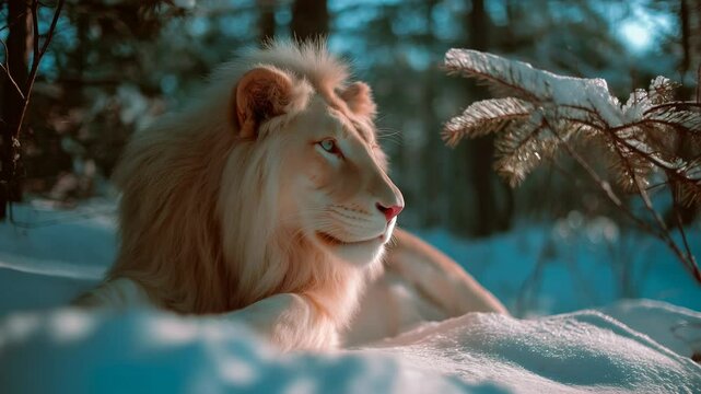 A Peaceful, Resting Lion Enjoying Winter in the Mountains.