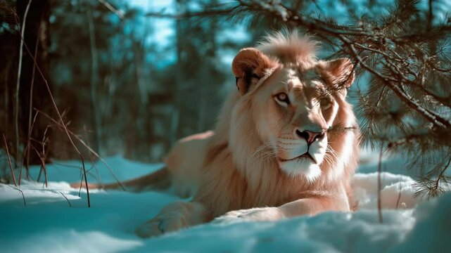 A Peaceful, Resting Lion Enjoying Winter in the Mountains.