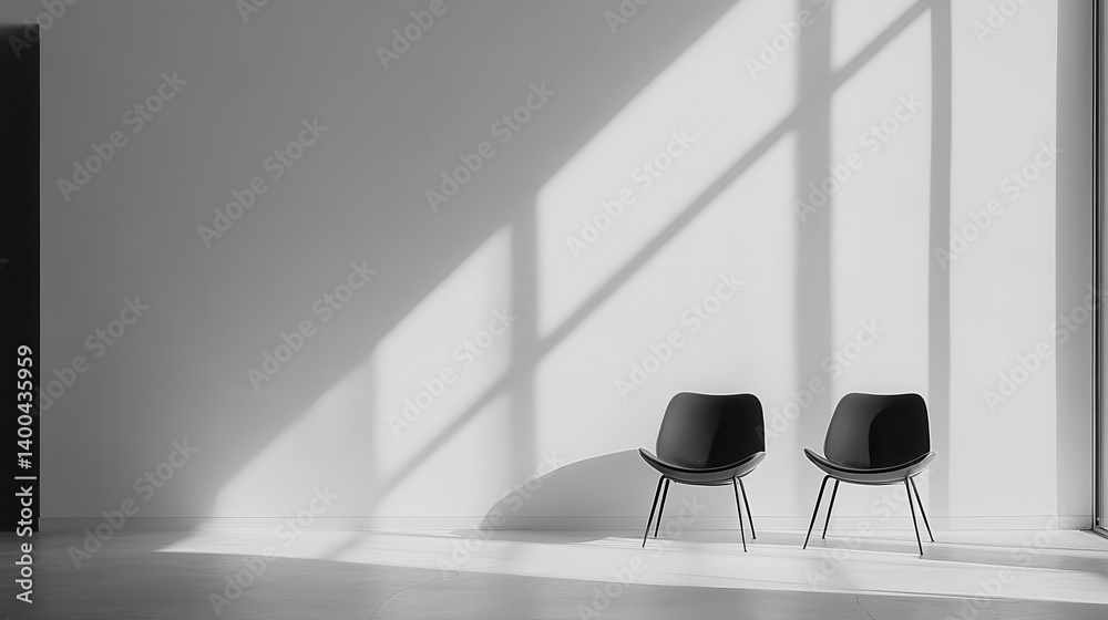 Aufkleber two modern chairs positioned against a stark white wall with dramatic shadows cast by bright sunligh